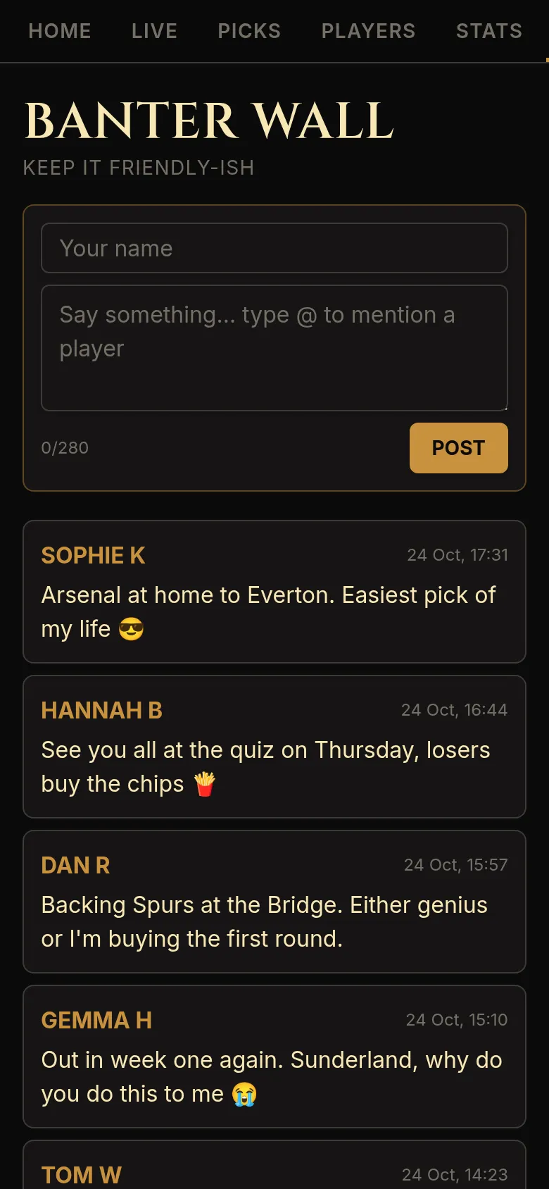 Banter wall with friendly messages from players