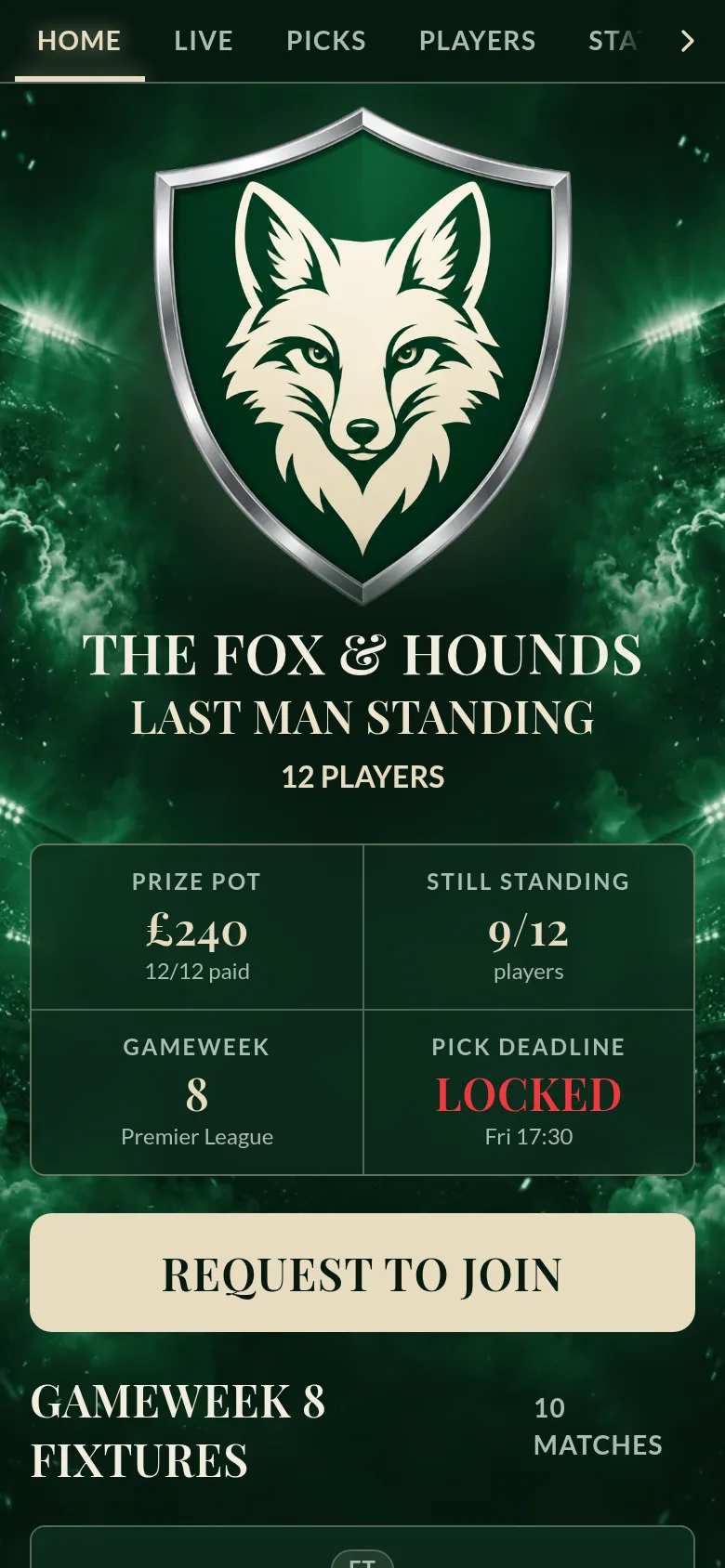 Example league The Fox & Hounds with its own fox crest, emerald green and cream colours and serif fonts