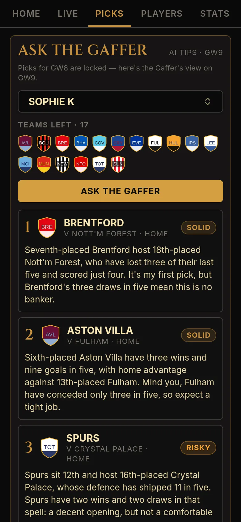 Ask the Gaffer suggesting Brentford, Aston Villa and Spurs with reasons